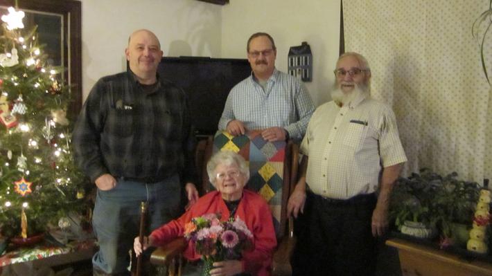 Front Row:  Hilda Lemay, Recipeint of the Boston Post Cane Back Row:  then Haven Haynes, Jr (then Chairman of the Select Board), Mark Bullard (current Selectboard Chairman), and Alfred Buckley (Selectman)